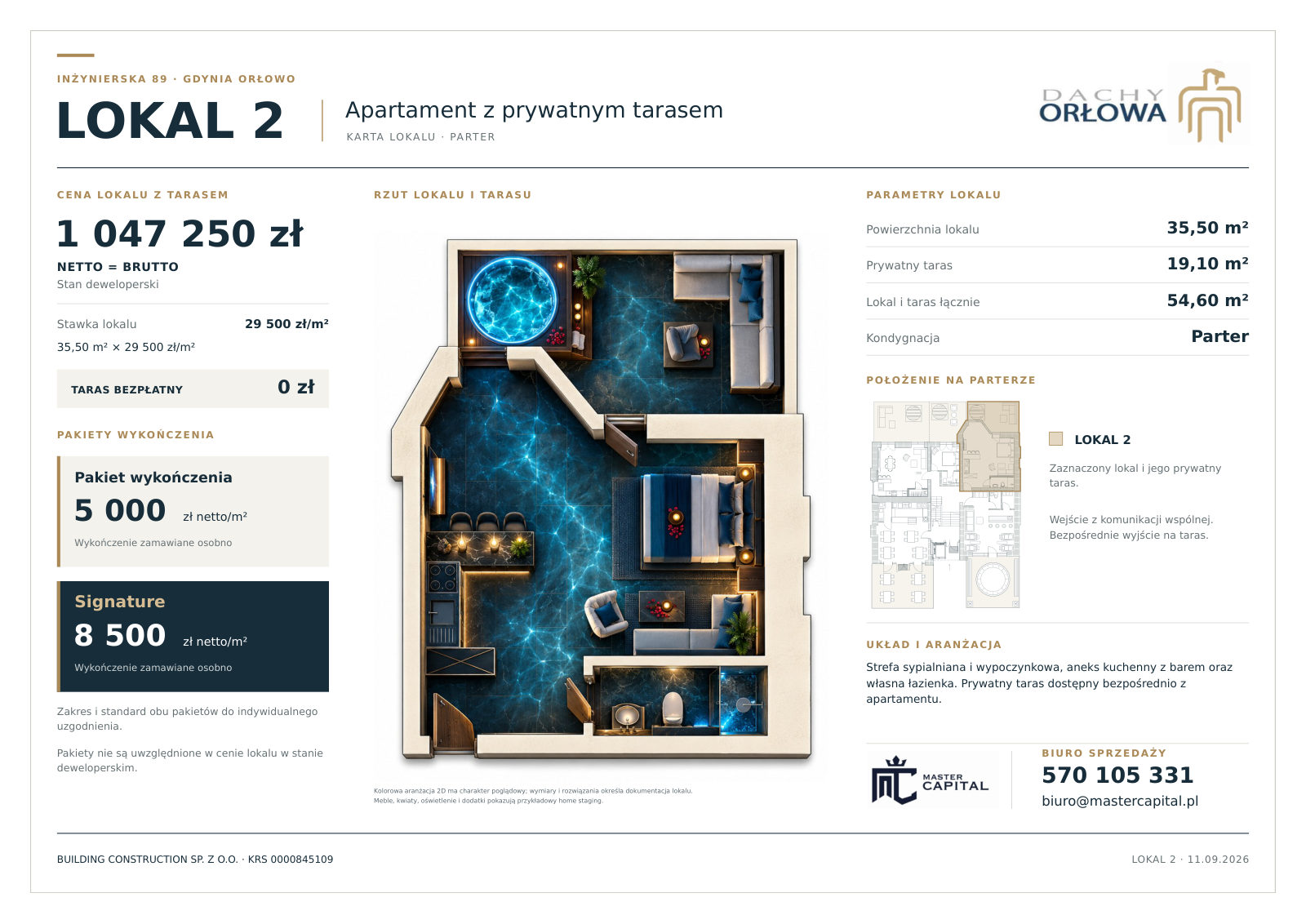 Karta lokalu 2: apartament z prywatnym tarasem na parterze, wizualizacja 3D